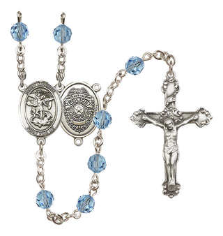 Sterling Silver 6mm Austrian Crystal Saint Michael the Archangel/Policeman Rosary in Aqua
