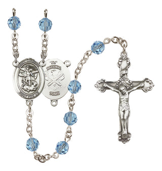 Sterling Silver 6mm Austrian Crystal Saint Michael / Nat'l Guard Rosary in Aqua