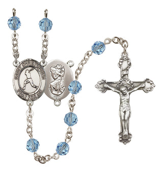 Sterling Silver 6mm Austrian Crystal Saint Christopher/Baseball Rosary in Aqua