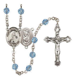 Sterling Silver 6mm Austrian Crystal Saint Christopher/Basketball Rosary in Aqua