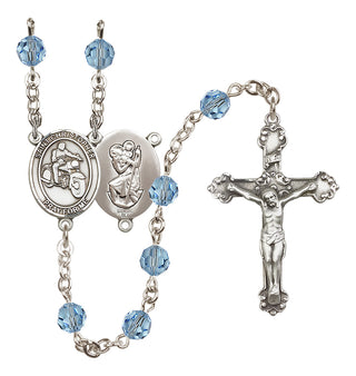Sterling Silver 6mm Austrian Crystal Saint Christopher/Motorcycle Rosary in Aqua