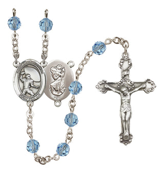 Sterling Silver 6mm Austrian Crystal Saint Christopher / Football Rosary in Aqua