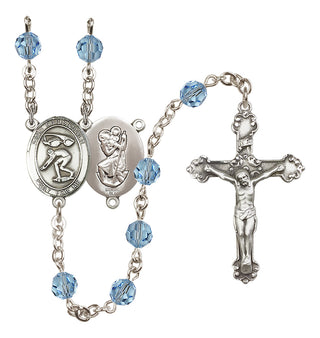 Sterling Silver 6mm Austrian Crystal Saint Christopher/Swimming Rosary in Aqua