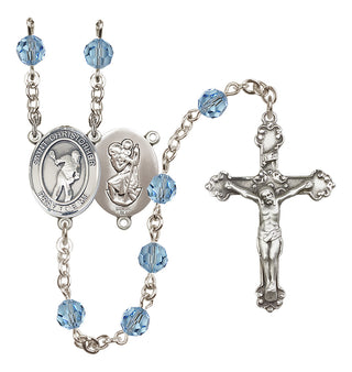 Sterling Silver 6mm Austrian Crystal Saint Christopher/Lacrosse Rosary in Aqua