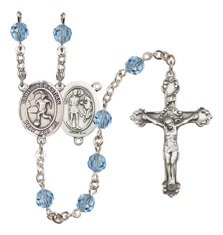 Sterling Silver 6mm Austrian Crystal Saint Sebastian/Soccer-Women Rosary in Aqua