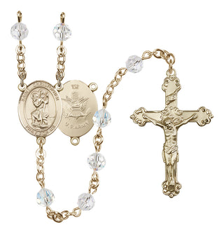 14 Karat Gold-Filled 6mm Austrian Crystal Saint Christopher / Army Rosary in Crystal