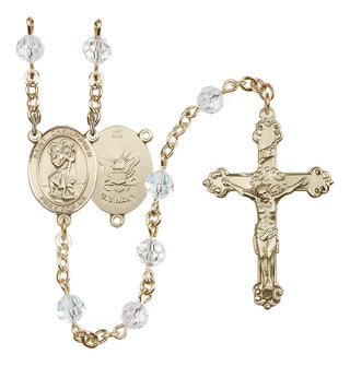 14 Karat Gold 6mm Austrian Crystal Saint Christopher / Navy Rosary in Crystal