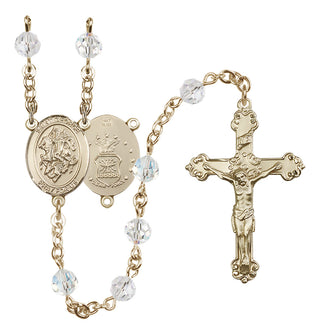 14 Karat Gold 6mm Austrian Crystal Saint George / Air Force Rosary in Crystal