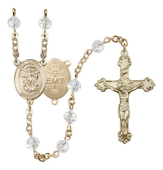14 Karat Gold 6mm Austrian Crystal Saint Michael / EMT Rosary in Crystal