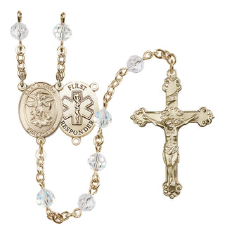 14 Karat Gold 6mm Austrian Crystal Saint Michael/1St Responder Rosary in Crystal