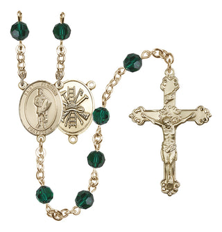 14 Karat Gold-Filled 6mm Austrian Crystal Saint Florian/Firefighter Rosary in Emerald