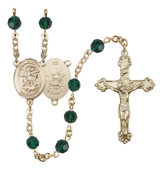 14 Karat Gold-Filled 6mm Austrian Crystal Saint Michael / Navy Rosary in Emerald