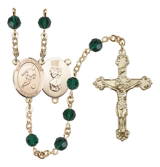 14 Karat Gold-Filled 6mm Austrian Crystal Saint Christopher/Soccer Rosary in Emerald