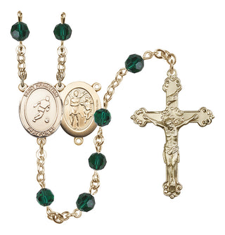 14 Karat Gold-Filled 6mm Austrian Crystal Saint Sebastian/Soccer Rosary in Emerald