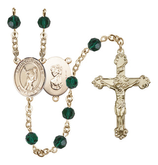14 Karat Gold-Filled 6mm Austrian Crystal Saint Christopher/Lacrosse Rosary in Emerald