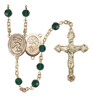 14 Karat Gold-Filled 6mm Austrian Crystal Saint Sebastian/Swimming Rosary in Emerald