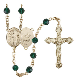 14 Karat Gold 6mm Austrian Crystal Saint Brendan the Navigator/Navy Rosary in Emerald