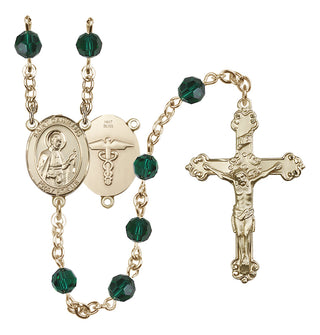 14 Karat Gold 6mm Austrian Crystal Saint Camillus of Lellis / Nurse Rosary in Emerald