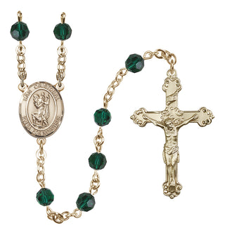 14 Karat Gold 6mm Austrian Crystal San Cristobal Rosary in Emerald