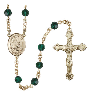 14 Karat Gold 6mm Austrian Crystal Saint Gerard Majella Rosary in Emerald