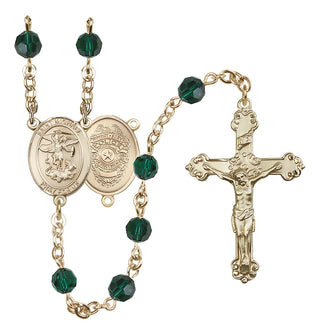 14 Karat Gold 6mm Austrian Crystal Saint Michael the Archangel/Policeman Rosary in Emerald