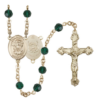 14 Karat Gold 6mm Austrian Crystal Saint Michael / Coast Guard Rosary in Emerald