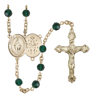 14 Karat Gold 6mm Austrian Crystal Virgen Milagrosa Rosary in Emerald