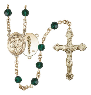 14 Karat Gold 6mm Austrian Crystal Saints Cosmas & Damian / Doctors Rosary in Emerald