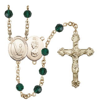 14 Karat Gold 6mm Austrian Crystal Saint Christopher/Gymnastics Rosary in Emerald