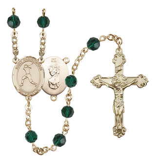 14 Karat Gold 6mm Austrian Crystal Saint Christopher/Softball Rosary in Emerald