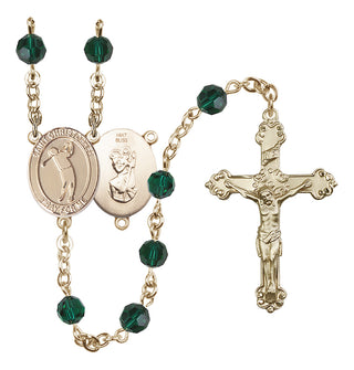 14 Karat Gold 6mm Austrian Crystal Saint Christopher/Golf Rosary in Emerald