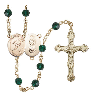 14 Karat Gold 6mm Austrian Crystal Saint Christopher/Soccer Rosary in Emerald