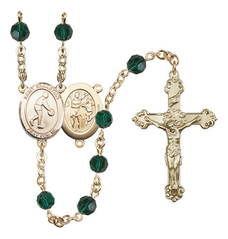 14 Karat Gold 6mm Austrian Crystal Saint Sebastian/Basketball Rosary in Emerald