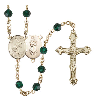 14 Karat Gold 6mm Austrian Crystal Saint Christopher/Surfing Rosary in Emerald