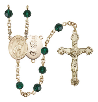 14 Karat Gold 6mm Austrian Crystal Saint Christopher / Rodeo Rosary in Emerald