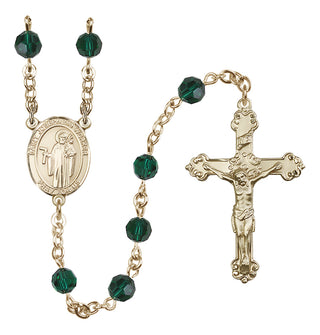 14 Karat Gold 6mm Austrian Crystal Saint Joseph the Worker Rosary in Emerald