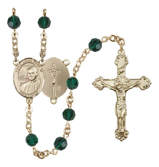 14 Karat Gold 6mm Austrian Crystal Saint John Paul II Rosary in Emerald