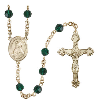 14 Karat Gold 6mm Austrian Crystal Immaculate Heart of Mary Rosary in Emerald