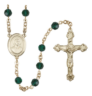 14 Karat Gold 6mm Austrian Crystal Saint John Berchmans Rosary in Emerald