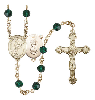 14 Karat Gold 6mm Austrian Crystal Saint Christopher/Softball Rosary in Emerald