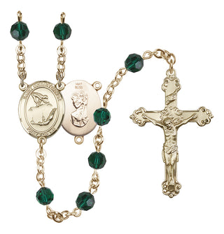 14 Karat Gold 6mm Austrian Crystal Saint Christopher/Gymnastics Rosary in Emerald