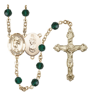 14 Karat Gold 6mm Austrian Crystal Saint Christopher/Basketball-Women Rosary in Emerald