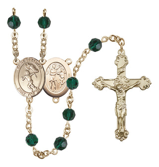 14 Karat Gold 6mm Austrian Crystal Saint Sebastian /Track&Field-Women Rosary in Emerald