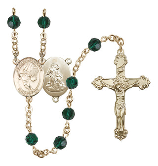 14 Karat Gold 6mm Austrian Crystal Guardian Angel/Basketball Rosary in Emerald
