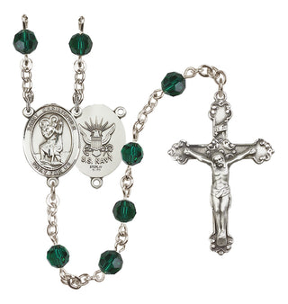 Sterling Silver 6mm Austrian Crystal Saint Christopher / Navy Rosary in Emerald
