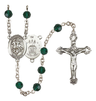 Sterling Silver 6mm Austrian Crystal Saint George / Air Force Rosary in Emerald
