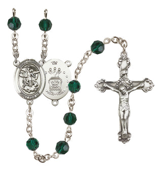 Sterling Silver 6mm Austrian Crystal Saint Michael / Air Force Rosary in Emerald