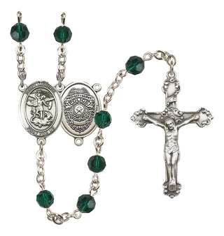 Sterling Silver 6mm Austrian Crystal Saint Michael the Archangel/Policeman Rosary in Emerald