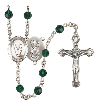 Sterling Silver 6mm Austrian Crystal Saint Christopher/Gymnastics Rosary in Emerald