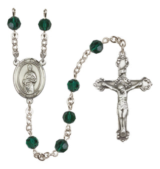 Sterling Silver 6mm Austrian Crystal Saint Eligius Rosary in Emerald